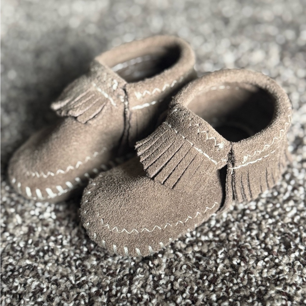 Minnetonka Tan Kids Moccasins with Fringe
